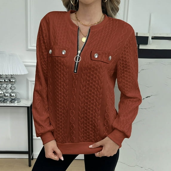 JUSLIO Zipper Tops for Women Relaxed Fit Solid Blouses Fashion Long sleeve Half-Zip Blouses Orange L