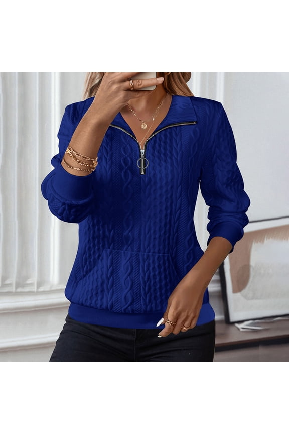 Zipper Women Tops Relaxed Fit Solid Blouses Half-Zip Long sleeve Stand Collar Blouses Blue L