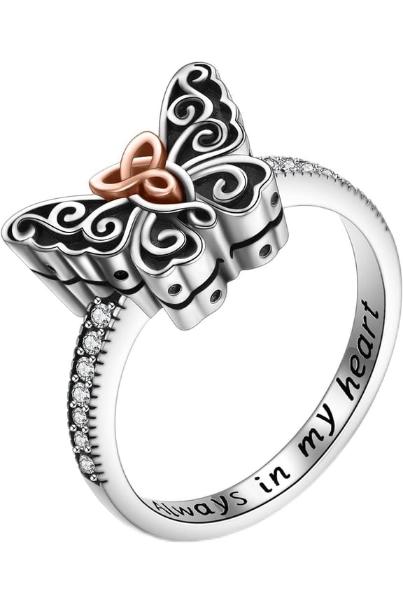 925 Sterling Silver Butterfly Urn Ring for Ashes,Celtic Knot Memorial Keepsake Jewelry Always in My Heart Cremation Ring for Women