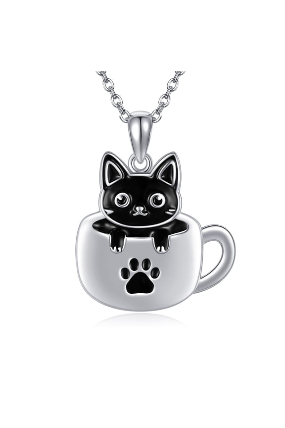 Black Cat Necklace 925 Sterling Silver Cup Cat Pendant Cat Necklace Cute Animal Jewelry Gift for Women