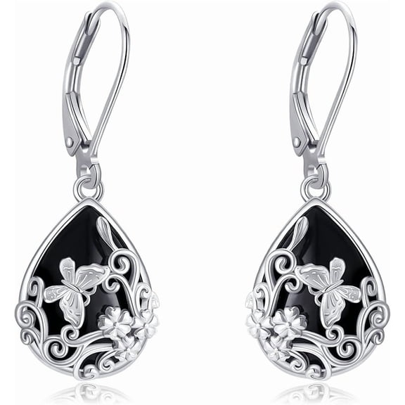 JUSORA Black Onyx Earrings 925 Sterling Silver Black Onyx Dangle Drop Earrings Filigree Jewelry Gift for Women
