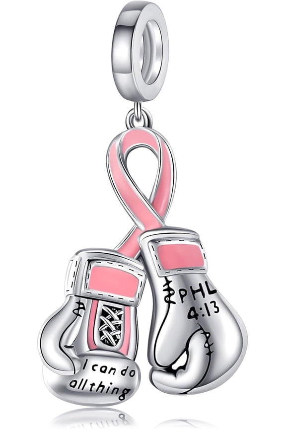 Breast Cancer Charms 925 Sterling Silver Boxing Gloves Charm for Bracelets Pink Ribbon Breast Cancer Survivor Awareness Jewelry for Women