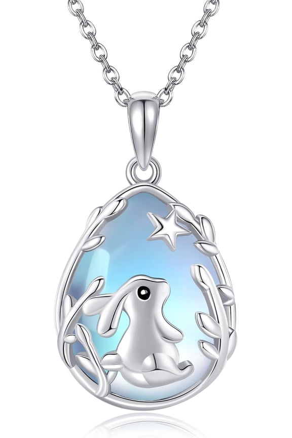 Bunny Necklace 925 Sterling Silver Moonstone Bunny Pendant Necklace Easter Jewelry Gift for Women