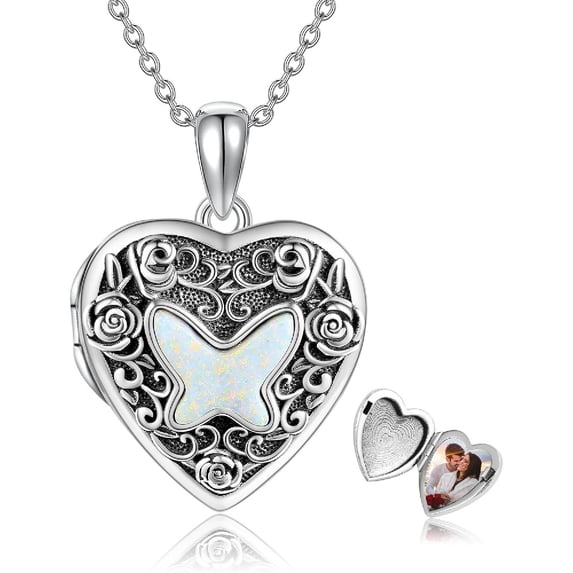 JUSORA Butterfly Heart Locket Necklace 925 Sterling Silver Butterfly Locket Pendant Necklace That Holds Pictures Photo Locket Jewelry Gifts For Women