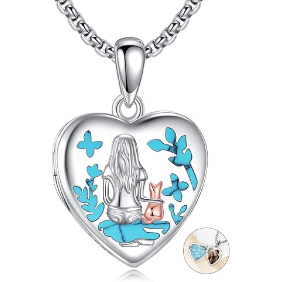 JUSORA Cat Heart Locket Necklace That Holds Pictures Photo Sterling Silver Photo Jewelry Gift for Women