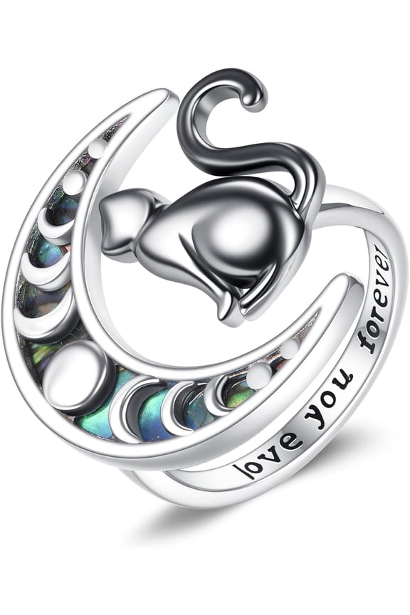 Cat Ring 925 Sterling Silver Abalone Moon Phase Ring Black Cat Jewelry Gifts for Women