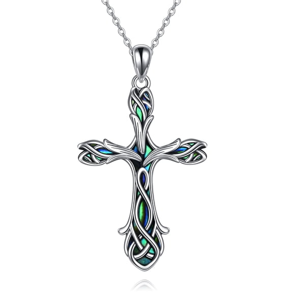 JUSORA Celtic Knot Cross Necklace 925 Sterling Silver Religious Cross Pendant Necklace Abalone Shell Jewelry Gifts for Women Men