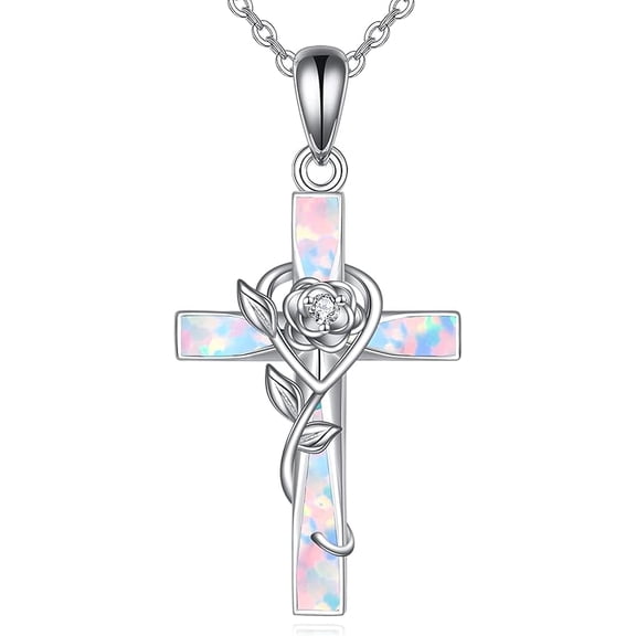 JUSORA Cross Necklace Sterling Silver Turquoise/Opal Cross Pendant Necklace Religious Jewelry Gifts
