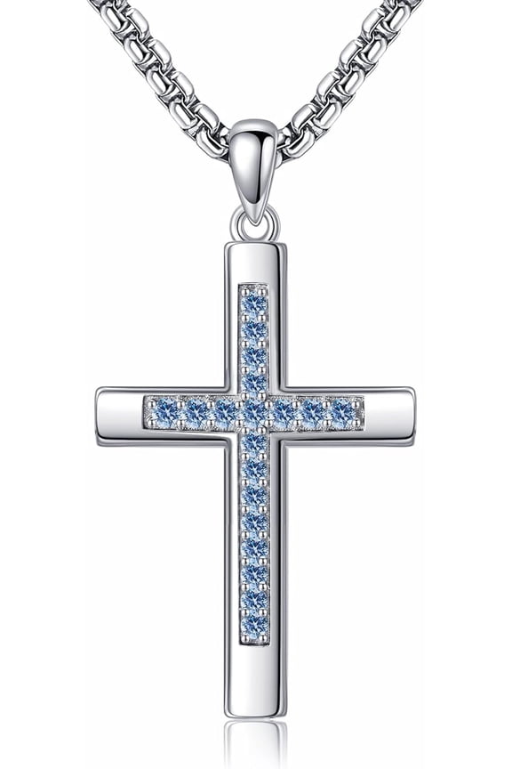 Cross Necklace for Women Men 925 Sterling Silver Cross Pendant March Birthstone Jewelry Birthday Gifts for Mom, Dad, Husband, Wife, Friends