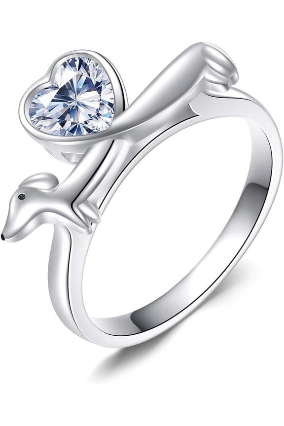 Dachshund Ring 925 Sterling Silver Dog with Heart Birthstone Ring Dachshund Jewelry Gifts for Women Dog Lovers