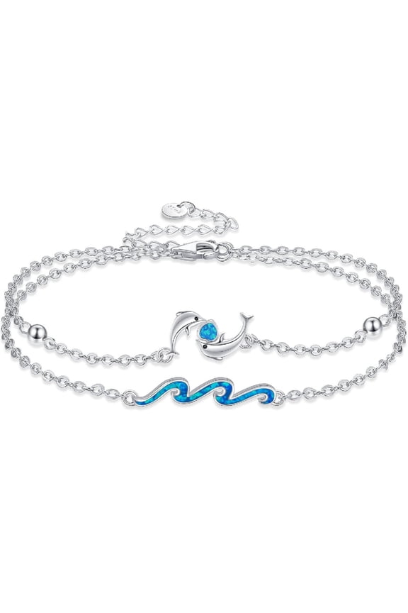 Dolphin Bracelet For Women 925 Sterling Silver Dolphin Bracelet Blue Opal Wave Bracelet Adjustable Beach Jewelry Gift for Women