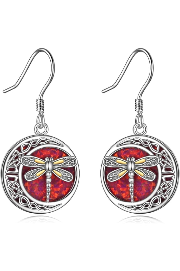 Dragonfly Earrings 925 Sterling Silver Celtic Dragonfly Dangle Earrings with Red Opal Jewelry for Women