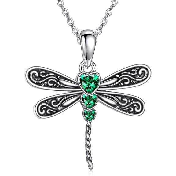JUSORA Dragonfly Necklace 925 Sterling Silver Heart May Birthstone Pendant Cute Dragonfly Jewelry Gift for Women Lovers