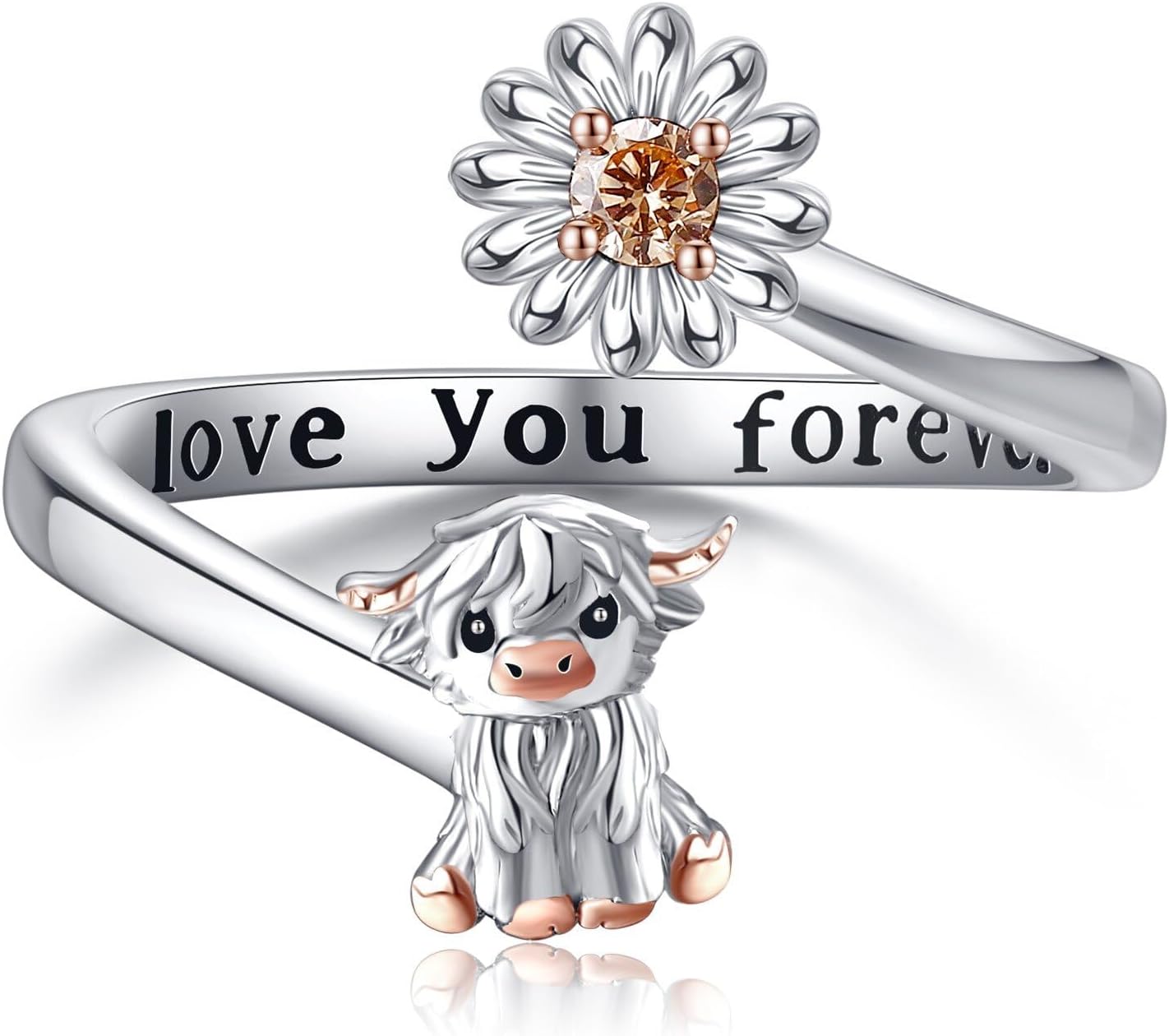 JUSORA Highland Cow Ring 925 Sterling Silver Daisy Adjustable Open ...
