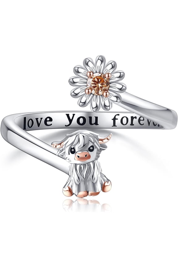 Highland Cow Ring 925 Sterling Silver Daisy Adjustable Open Thumb Ring Animal Flower Jewelry Mothers Gifts for Women Mom Grandma Highland Cow Lover