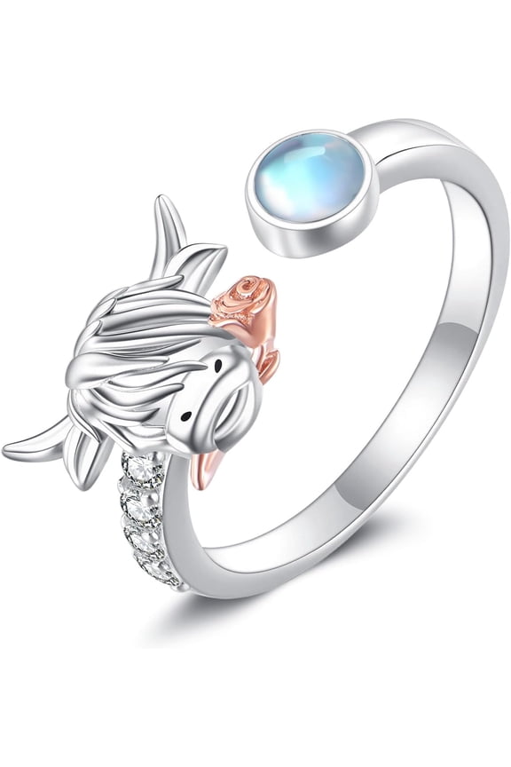 Highland Cow Ring 925 Sterling Silver Moonstone Cow Open Rings Cute Aniamal Jewelry Gifts for Women