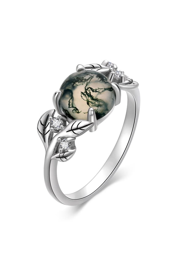 Leaf Moss Agate Ring For Women Sterling Silver Round Cut 8 MM Solitaire Ring Healing Jewelry Gift (#8)