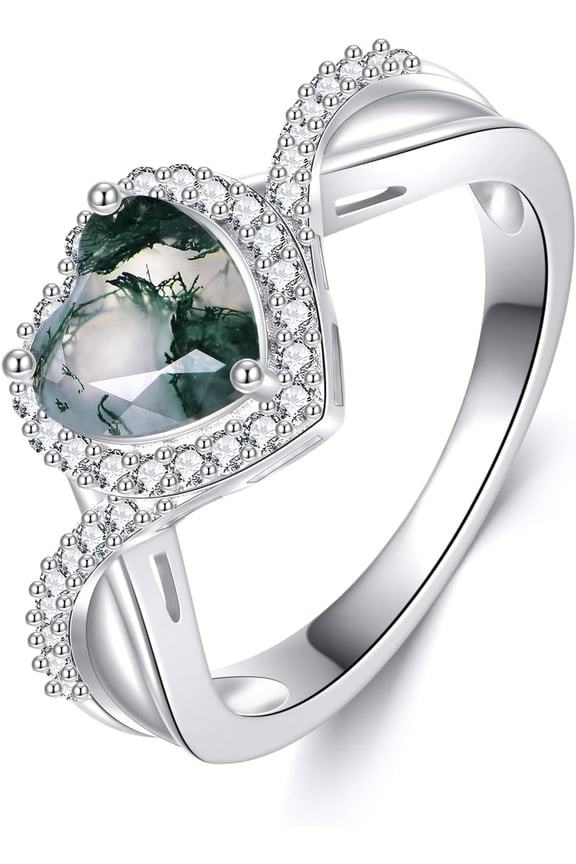 Moss Agate Ring 925 Sterling Silver Heart Moss Agate Rings for Women Promise Jewelry Gifts