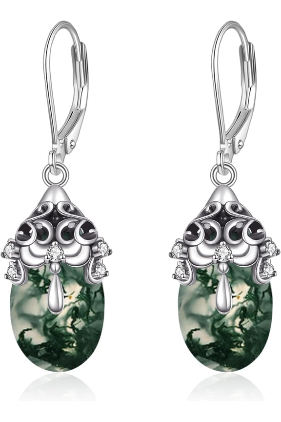 Moss Agate Teardrop Earrings 925 Sterling Silver Vintage Filigree Dangle Leverback Earrings Moss Agate Jewelry Gifts for Women