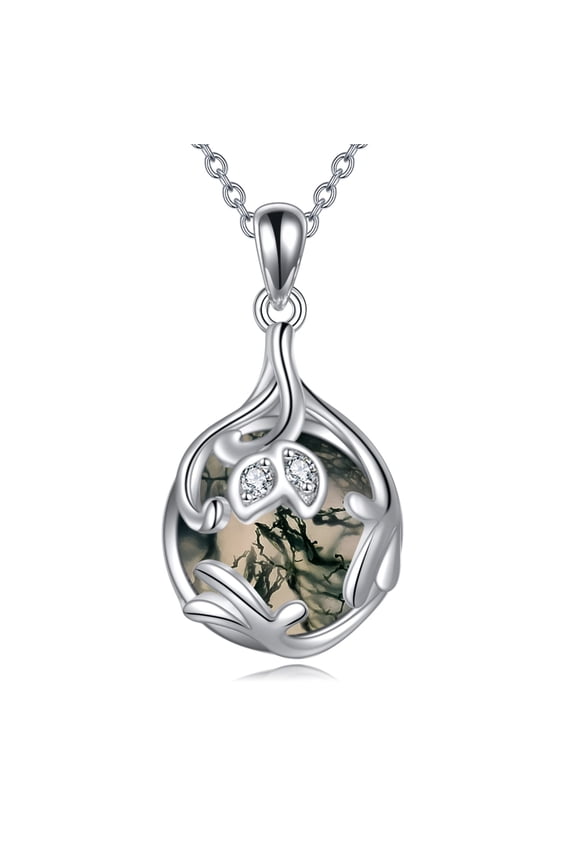 Moss Agate Teardrop Necklace 925 Sterling Silver Teardrop Pendant Necklace Moss Agate Jewelry Gifts for Women