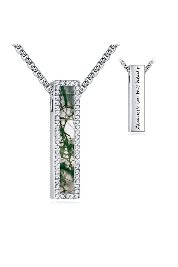 Moss Agate Urn Necklaces for Ashes Sterling Silver Moss Agate 3D Bar Cremation Jewelry for Ashes Memory Jewelry for Women Men