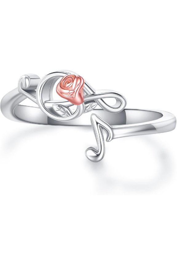 Music Rings 925 Sterling Silver Rose Music Note Open Ring Musical Jewelry for Women