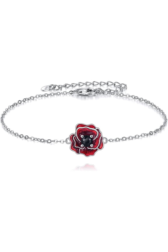 Red Poppy Flower Bracelet 925 Sterling Silver Red Poppy Bracelet Jewelry Gift for Women