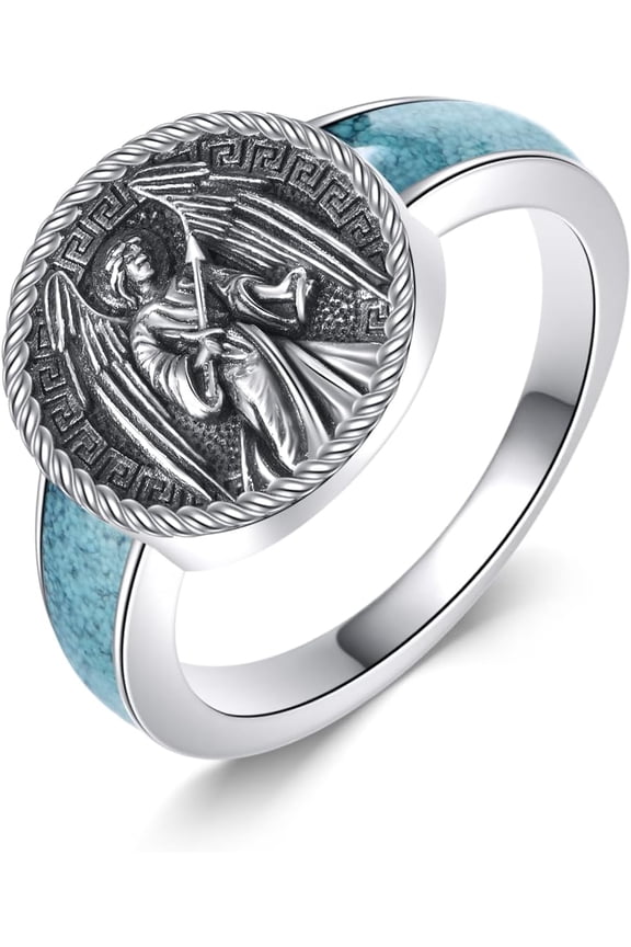 Saint Raphael Signet Ring 925 Sterling Silver The Great Protector Archangel Defeating Satan Religious Amulet Signet Ring Saint Jewelry Gifts for Men Women