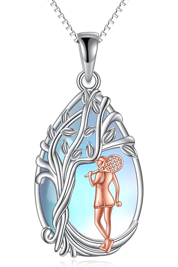 Sports Lovers Gifts Sterling Silver Moonstone Tennis Racket Necklace Inspirational Tennis Jewelry Gifts for Women