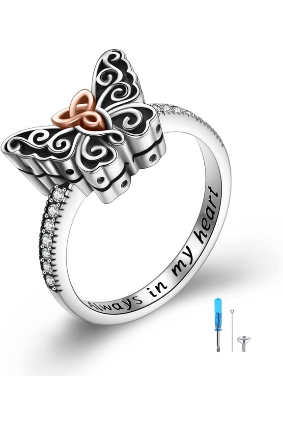 Sterling Silver Butterfly Urn Ring for Ashes,Celtic Knot Memorial Keepsake Jewelry Always in My Heart Cremation Ring for Women