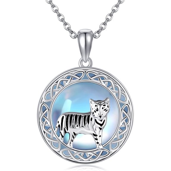 JUSORA Tiger Necklace 925 Sterling Silver Moonstone Irish Celtic Knot Tiger Pendant Necklace Jewelry for Women