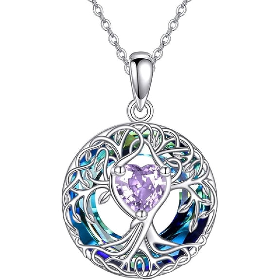 JUSORA Tree of Life Necklace 925 Sterling Silver Heart June Birthstone Pendant Circle Crystal Jewelry Gift for Women