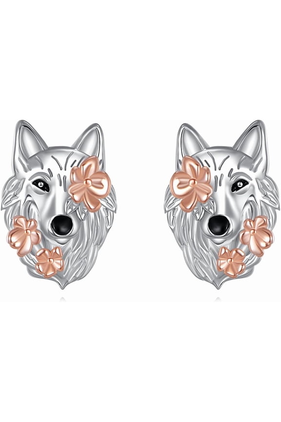 Wolf Earrings 925 Sterling Silver Wolf Flower Stud Earrings Aniaml Flower Jewelry Gifts for Women