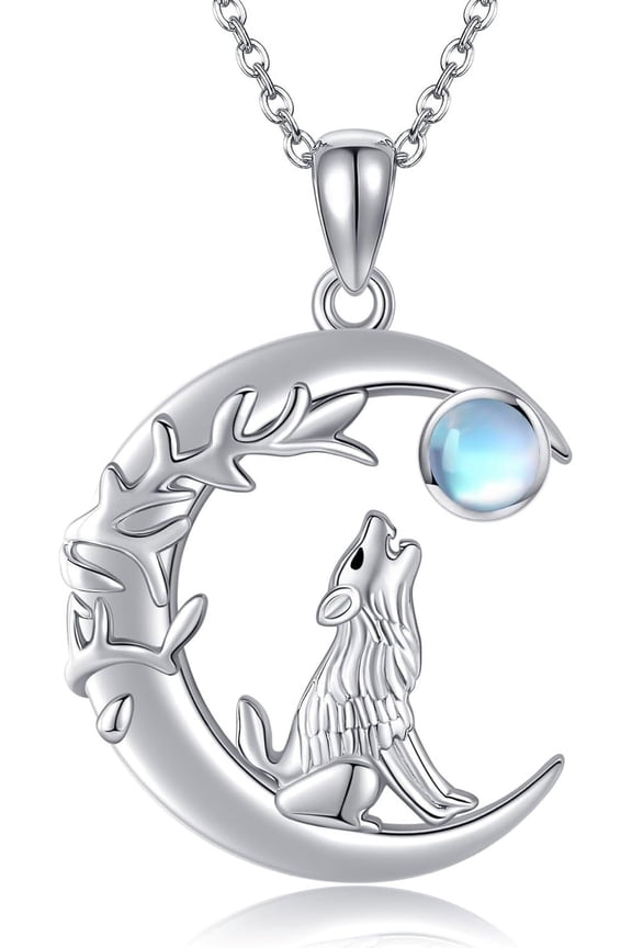 Wolf Necklace 925 Sterling Silver Wolf Pendant Moonstone Animal Jewelry for Women
