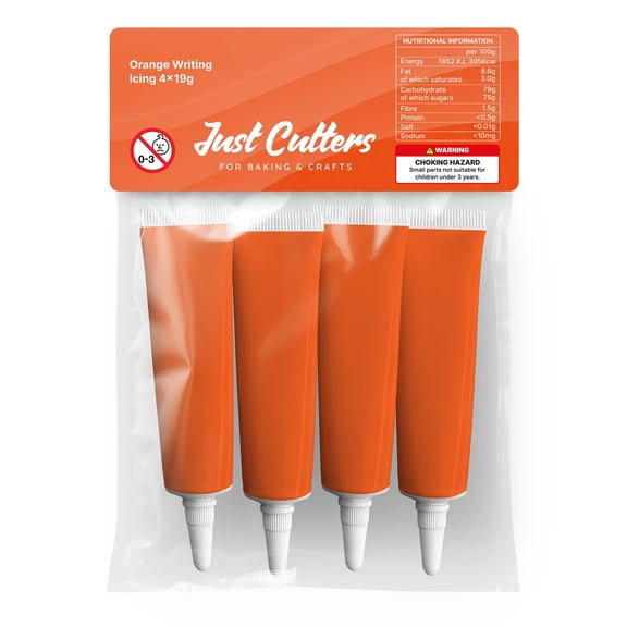 JUST CUTTERS Pack of 4 x 19g Orange Writing Icing Tubes | Ready To Use | Instant Icing Pens for Writing, Drawing & Personalising Cakes, Biscuits & Baking