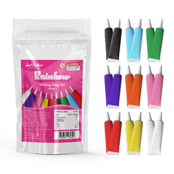 JUST CUTTERS Ready to Use Writing Icing Tubes, 342g Net Weight (18 x 19g), Instant Icing Pens for Cakes, Biscuits & Baking (Multi Coloured - 18 pack)