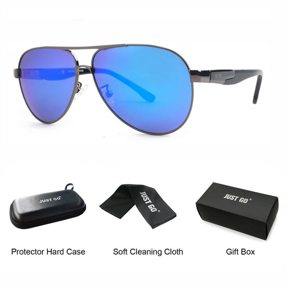 JUST GO Aviator Style Polarized Sunglasses with Spring Hinge, 100%UV Protection for Men and Women, Gunmetal, Blue Revo