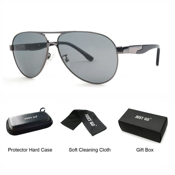 JUST GO Aviator Style Polarized Sunglasses with Spring Hinge, 100%UV Protection for Men and Women, Gunmetal, Grey