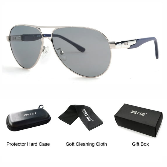 JUST GO Aviator Style Polarized Sunglasses with Spring Hinge, 100%UV Protection for Men and Women, Silver, Grey