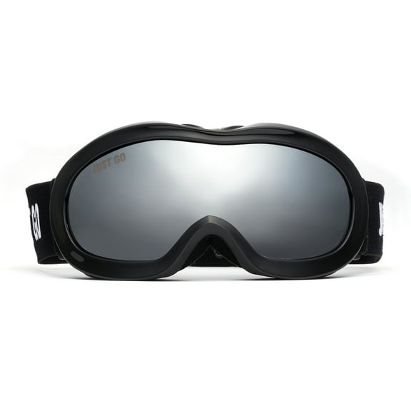 JUST GO Kids Ski Goggles with EVA case, Snowboard Snow Goggles Anti-Fog Double-Layer UV 400 Protection Lens for Boy and girl, Black Frame, Silver Lens (VLT 10.6%) with EVA Case