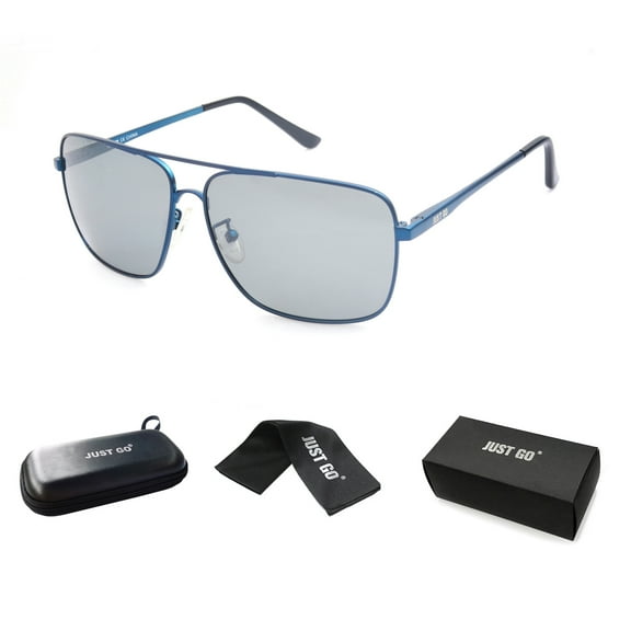 JUST GO Men Metal Frame Square Aviator Polarized Sunglasses, 100% UV Protection, Matte Blue, Grey