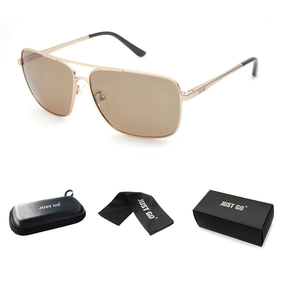 JUST GO Men Metal Frame Square Aviator Polarized Sunglasses, 100% UV Protection, Matte Gold, Brow