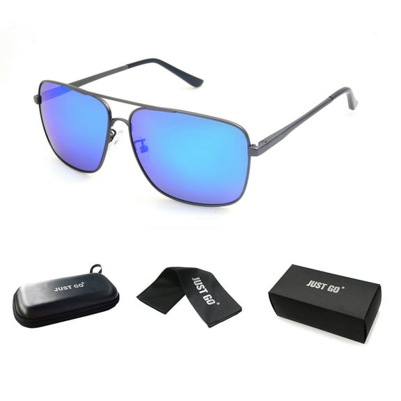 JUST GO Men Metal Frame Square Aviator Polarized Sunglasses, 100% UV Protection, Matte Gunmetal, Blue Revo