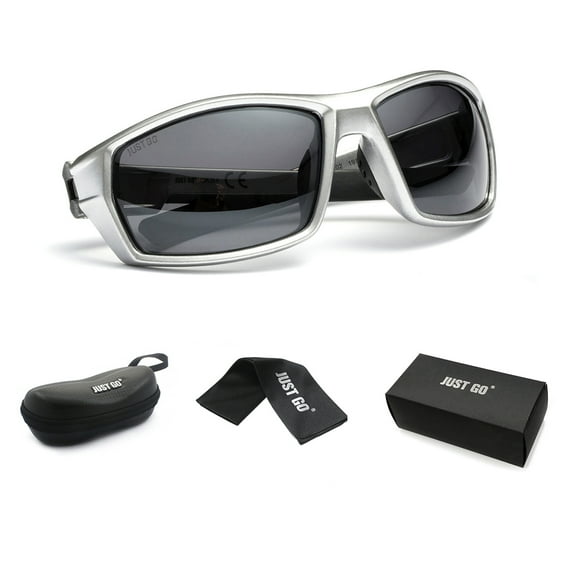 JUST GO Men's Polarized Lens Sports Sunglasses for Cycling Riding Baseball Running Golf, Silver, Grey