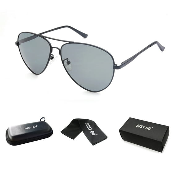JUST GO Metal Frame Vintage Aviator Style Sunglasses with Case, Polarized Lenses, 100% UV Protection, Matte Black, Grey