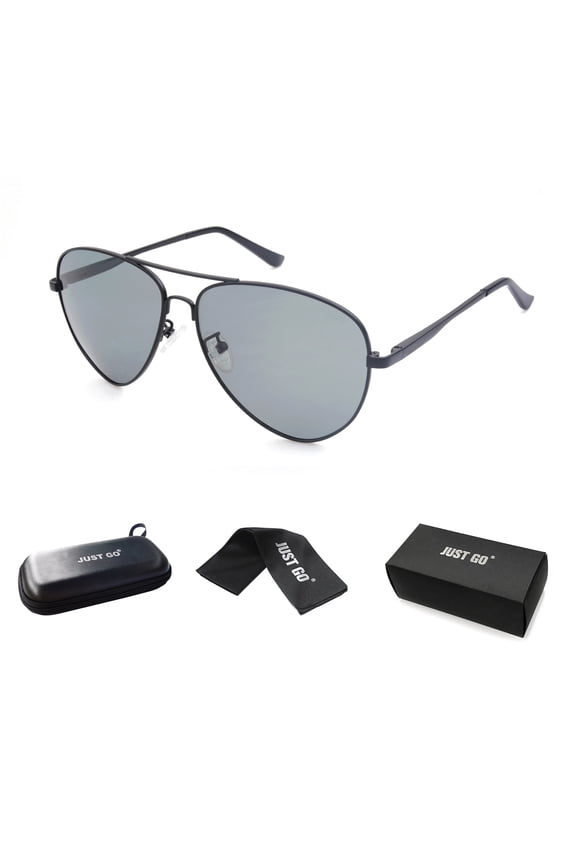 Metal Frame Vintage Aviator Style Sunglasses with Case, Polarized Lenses, 100% UV Protection, Matte Black, Grey