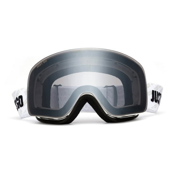 JUST GO Ski Goggles for Skiing Motorcycling and Snow Sports Dual-Layer Anti-Fog 100% UV Protection lens Snowboard Goggles fit Men, Women and Youth, White Frame/ Gray Lens (VLT 18.6%)