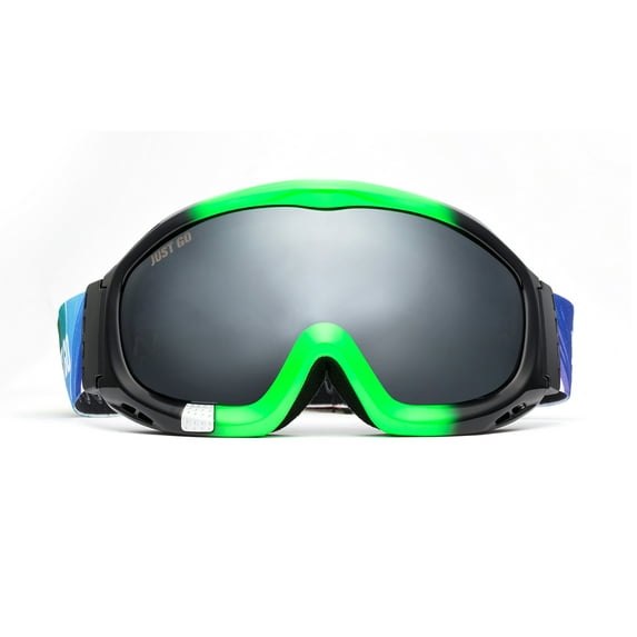 JUST GO Ski Goggles for Skiing Motorcycling and Winter Sports Dual-Layer Anti-Fog 100% UV Protection lens Snowboard Goggles fit Men, Women and Youth, Black and Green Frame/Gray Lens (VLT 20.2%)