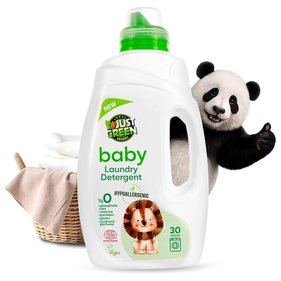 JUST GREEN ORGANIC Baby Liquid Laundry Detergent, Plant-Based Laundry Soap Newborn & Infant Clothes, Hypoallergenic, Fragrance-Free, EcoCert Certified, 30 Washes, 50.7 fl oz (1500 ml)