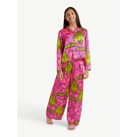Justice x Grinch Girls Long Sleeve Notch Collar Sleep Top and Sleep Pants, 2-Piece, Sizes 4-18